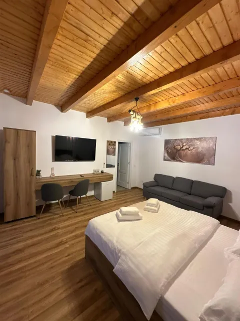 The room seen from the bed: desk, TV and sofa